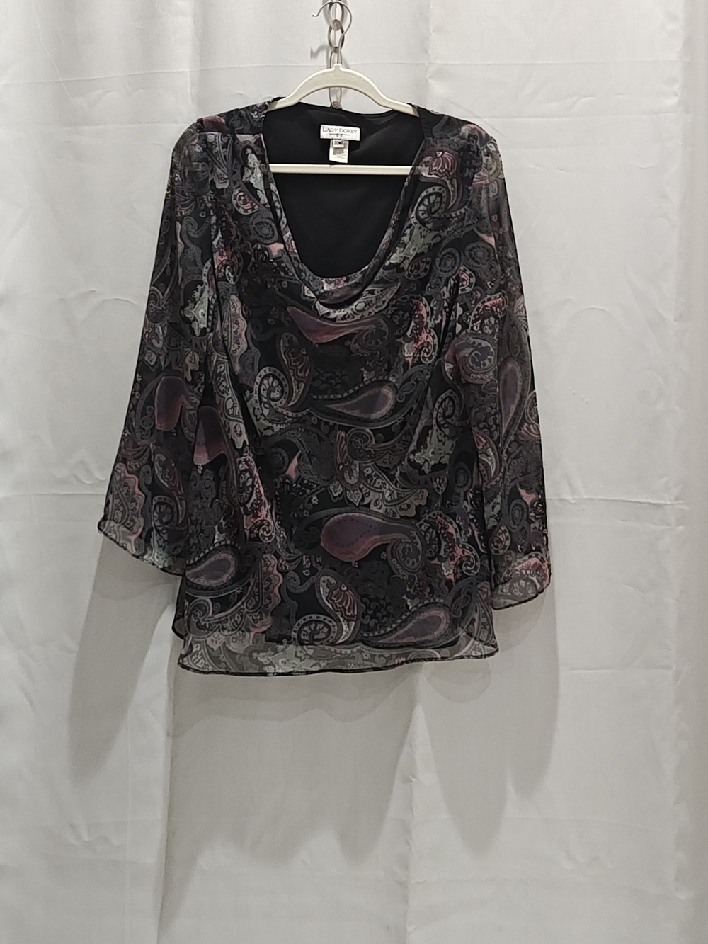 Women's Top 20W Black And Pink Paisley Shirt Blouse Cowl Neck Sheer Sleeves
